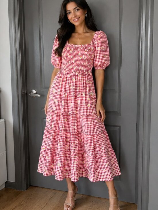 Gigio Dresses & Skirts - Red Gingham Maxi Dress with Daisy Print